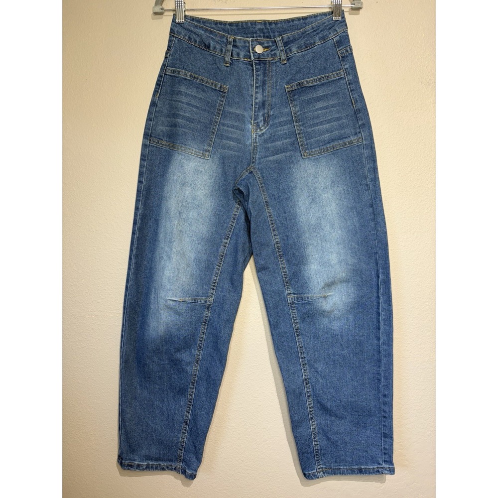Barrel Baggy Denim Jeans Blue Womens Medium Stretch Pockets Casual Relaxed